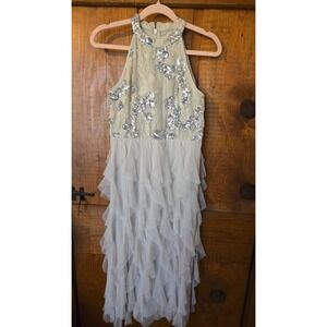 LOVELY GRACE - Girls Champagne Silver Sequin Halter Tiered Tulle Dress Size 14